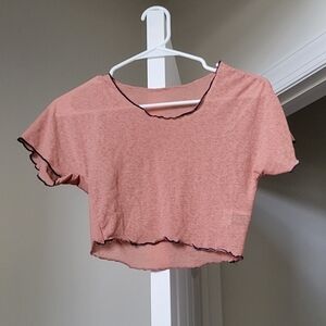 Women brown crop top cute shortsleeve with blue border